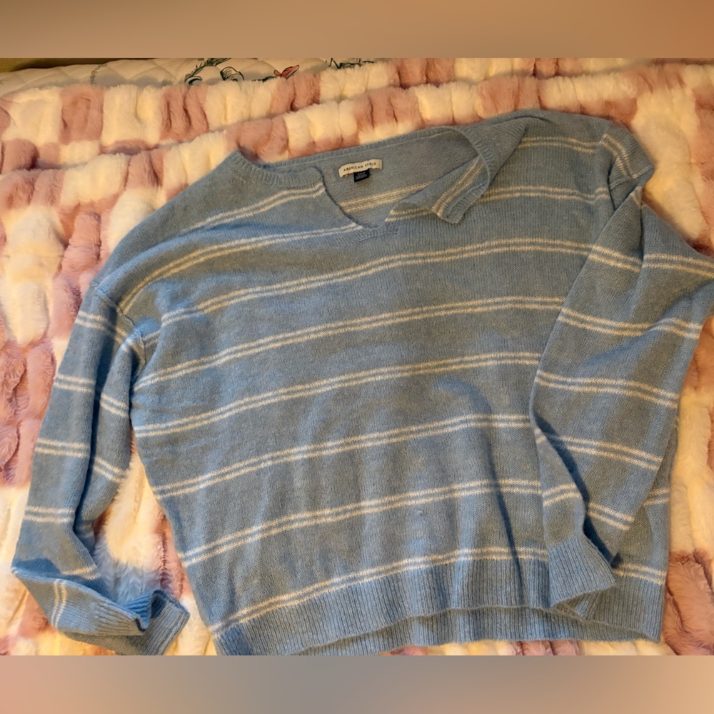American Eagle Outfitters Light Blue and White Striped Sweater
